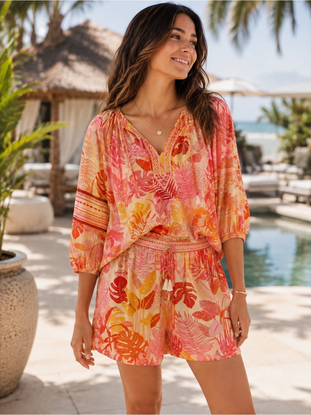 NEW Haute Hippie Tropical Palm Leaf Pink/Orange Boho Peasant Blouse Short Set